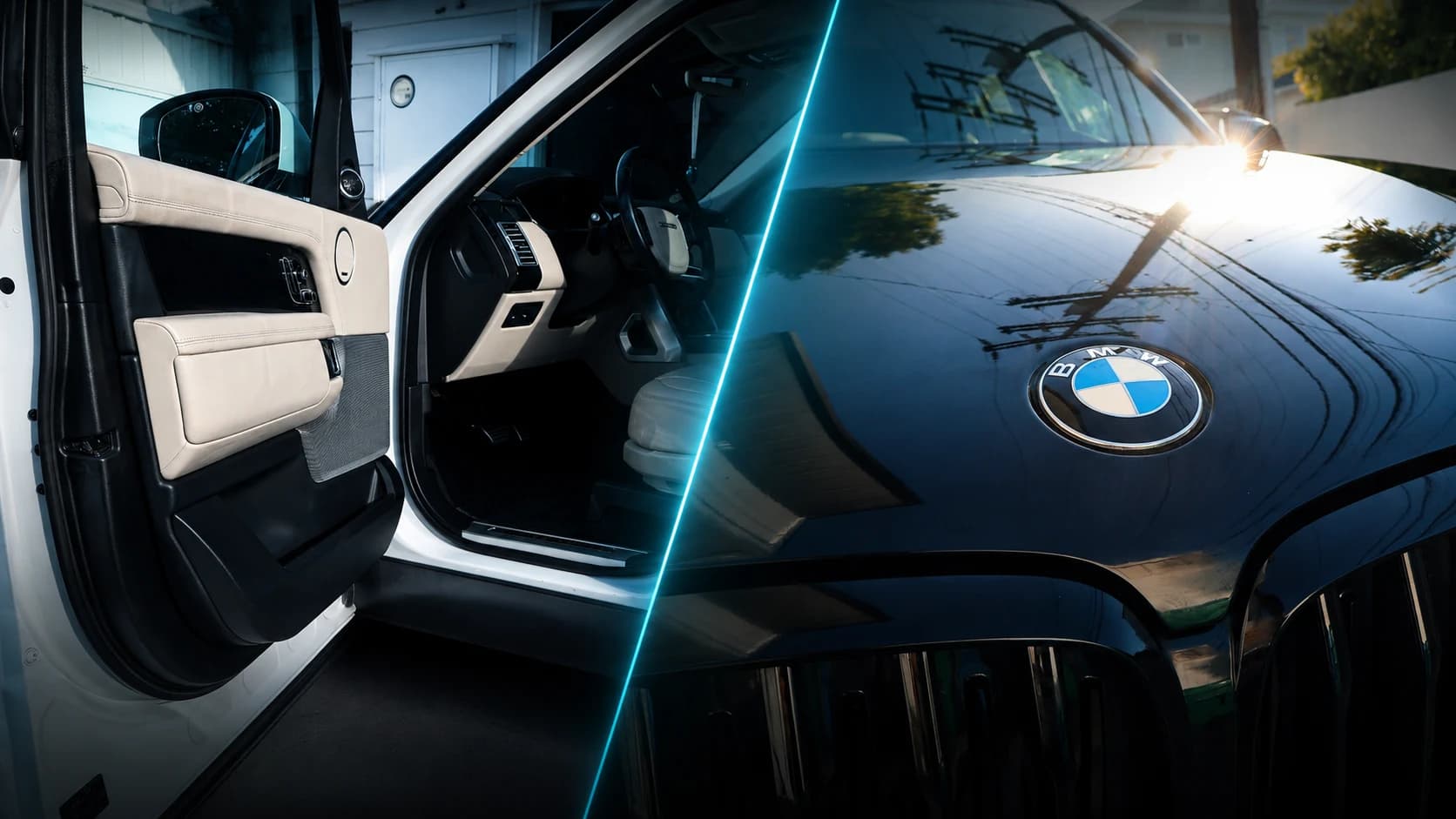 Detailed BMW exterior beside a Range Rover interior